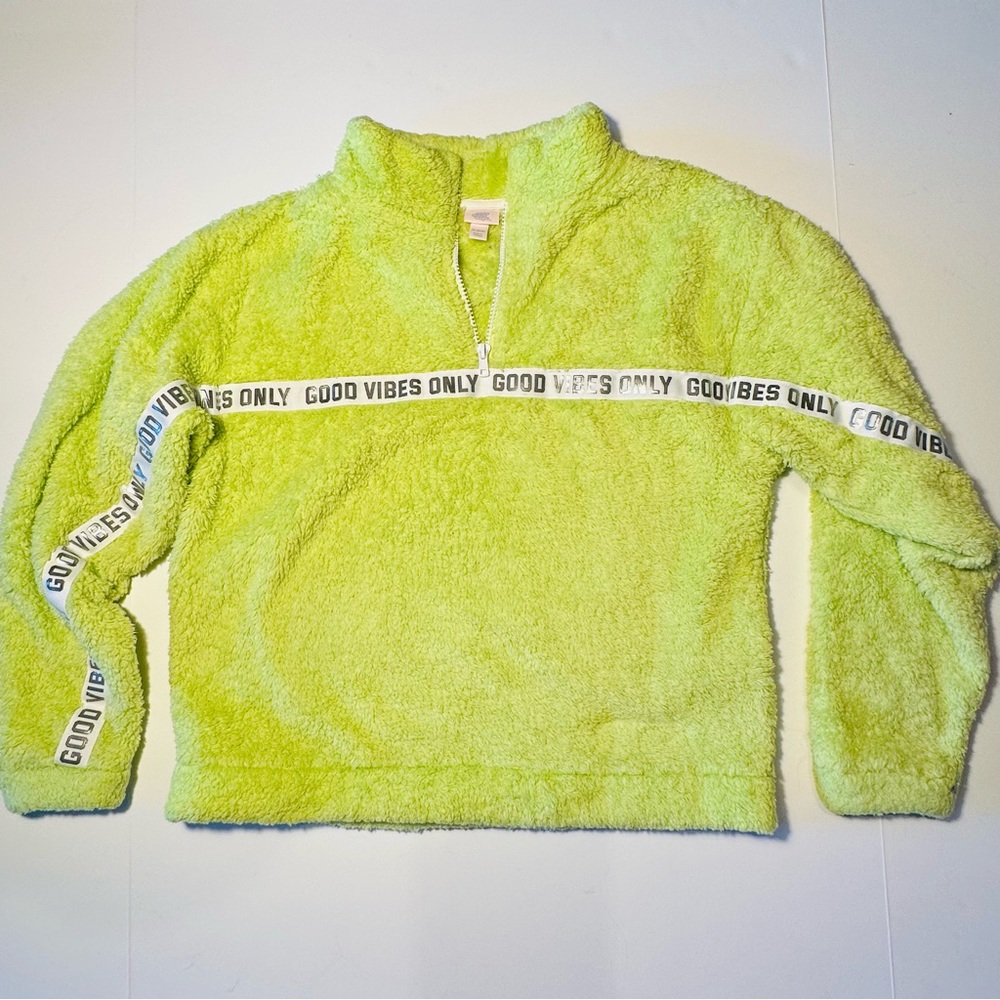 Girls Lime Green Fleece pullover Good Vibes Only by more than magic XL(14-16)